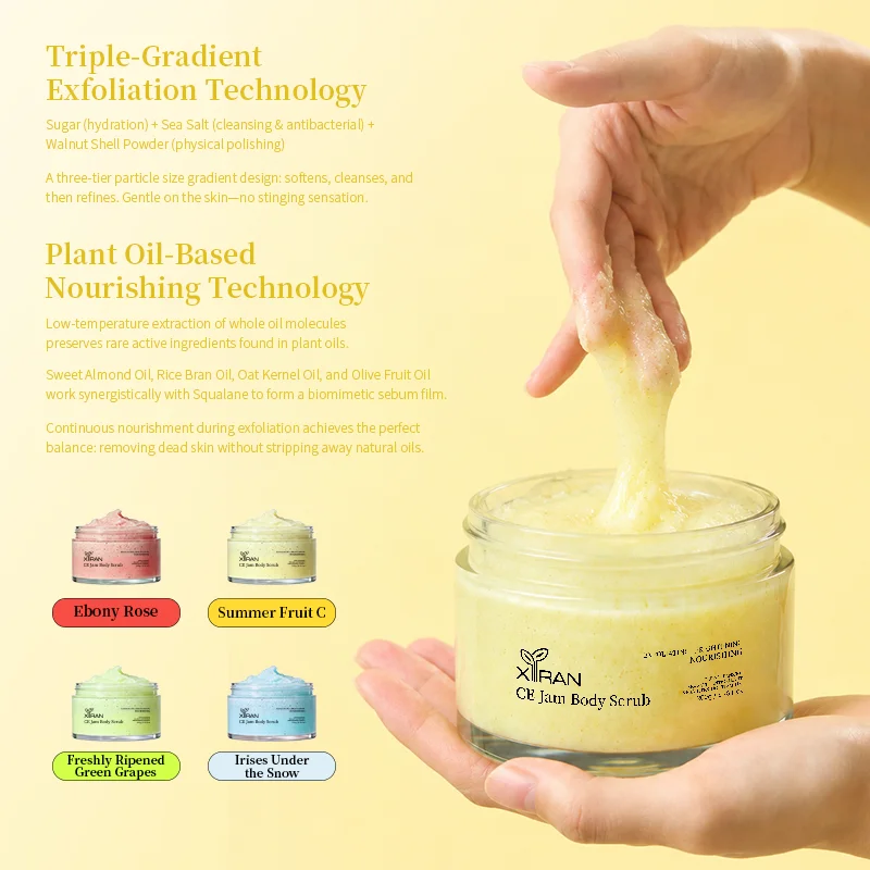 Hand scooping body scrub from a jar showcasing triple-gradient exfoliation and plant oil-based nourishing technology in a skincare product.